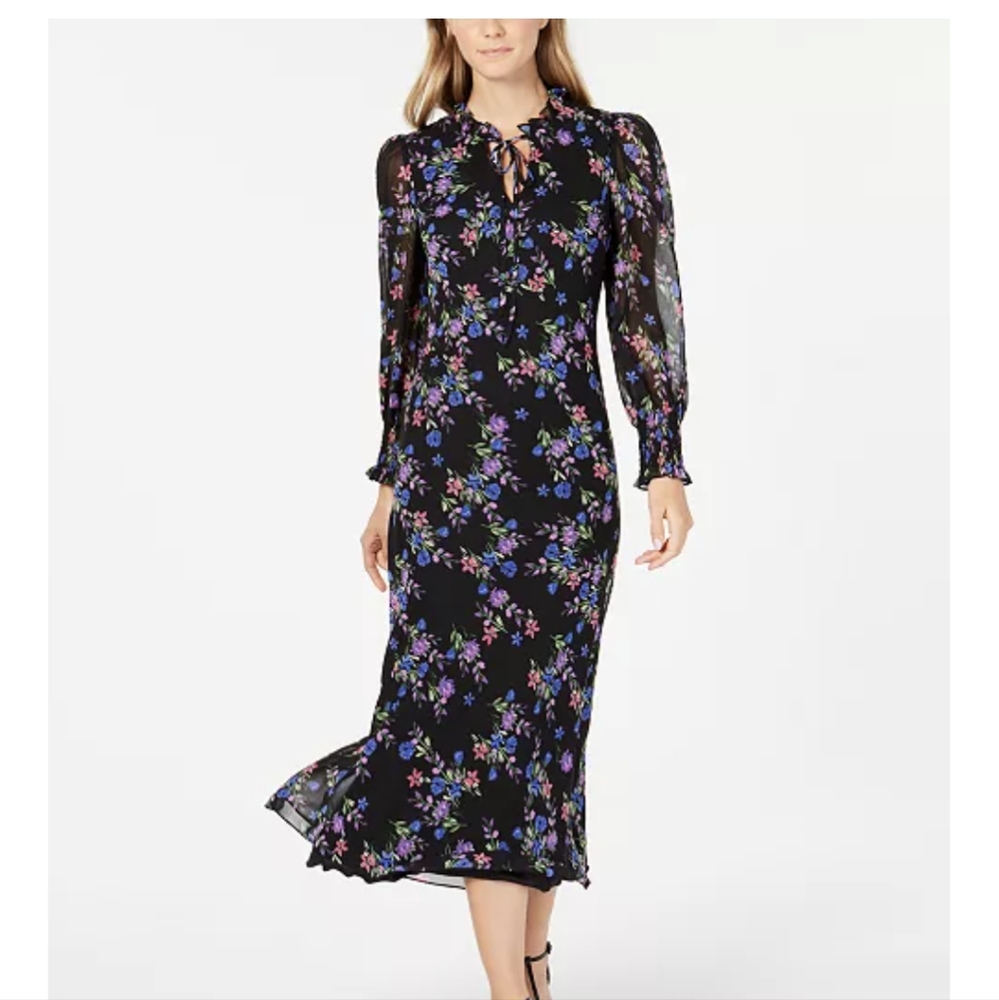 Women's Calvin Klein Black Floral Maxi Dress Sheer Sleeves 4 Small
